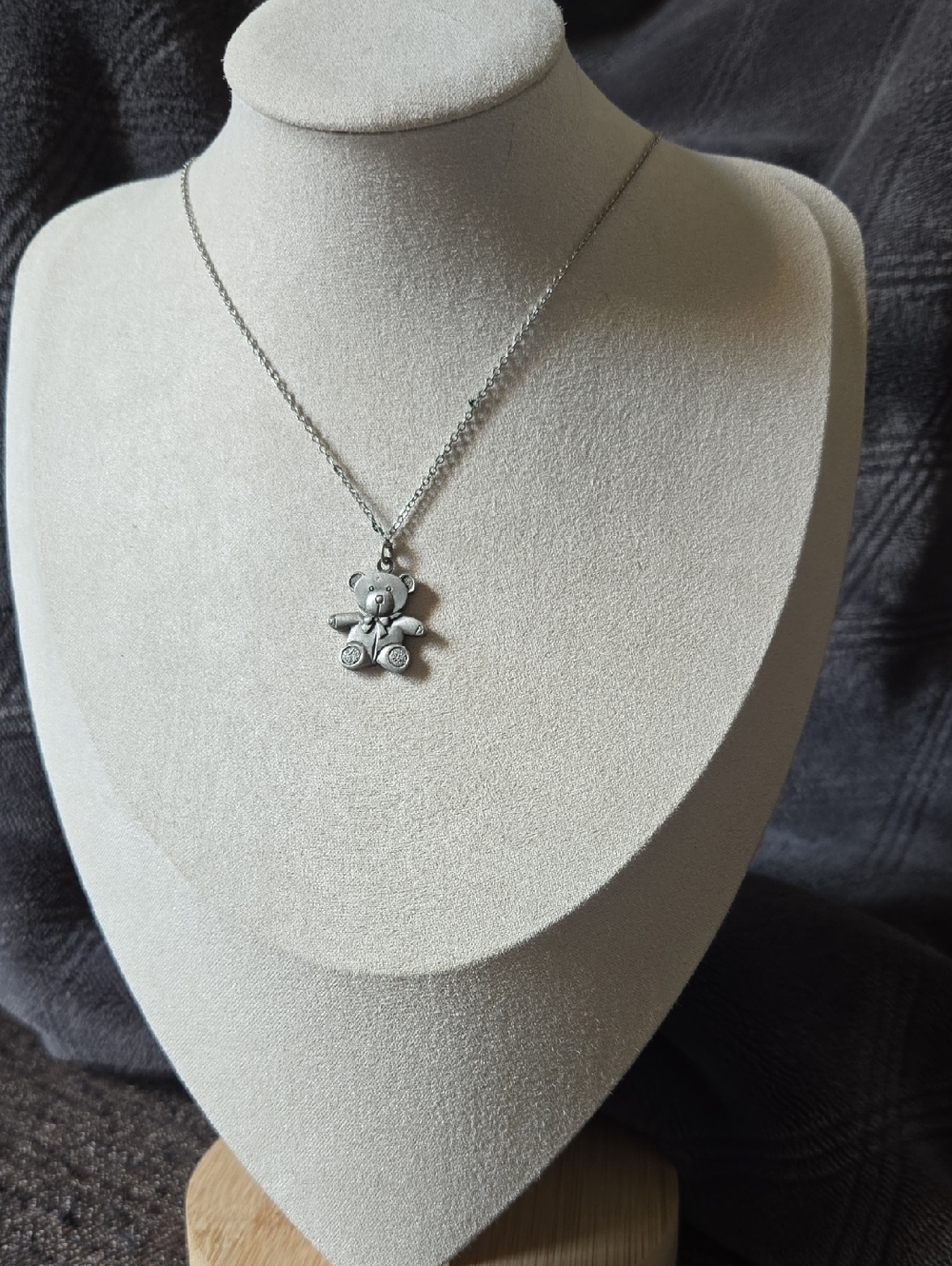 Vintage Pewter Silver Tone Teddy Bear Pendant Necklace - Made In USA